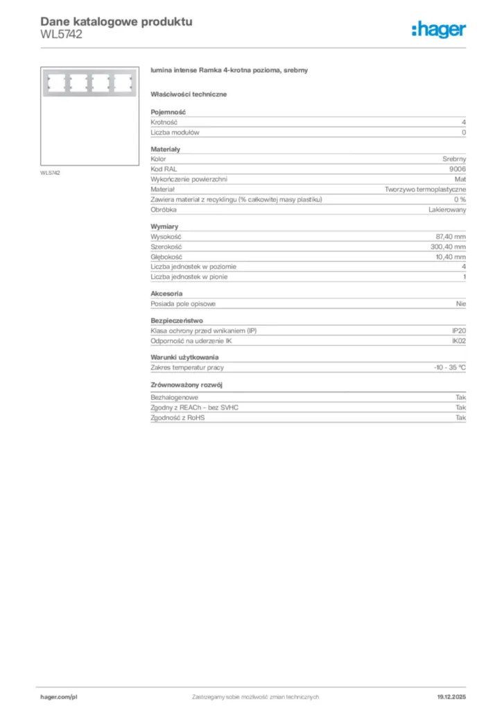 Zdjęcie Hager Karta katalogowa WL5742 | Hager Polska