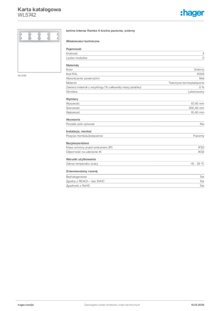 Zdjęcie Hager Karta katalogowa WL5742 | Hager Polska