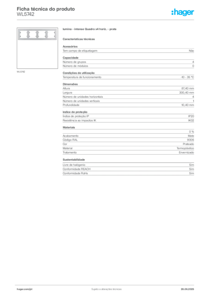 Imagem Hager Ficha técnica do produto WL5742 | Hager Portugal
