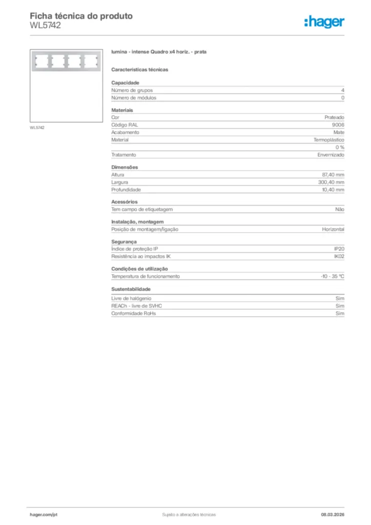 Imagem Hager Ficha técnica do produto WL5742 | Hager Portugal