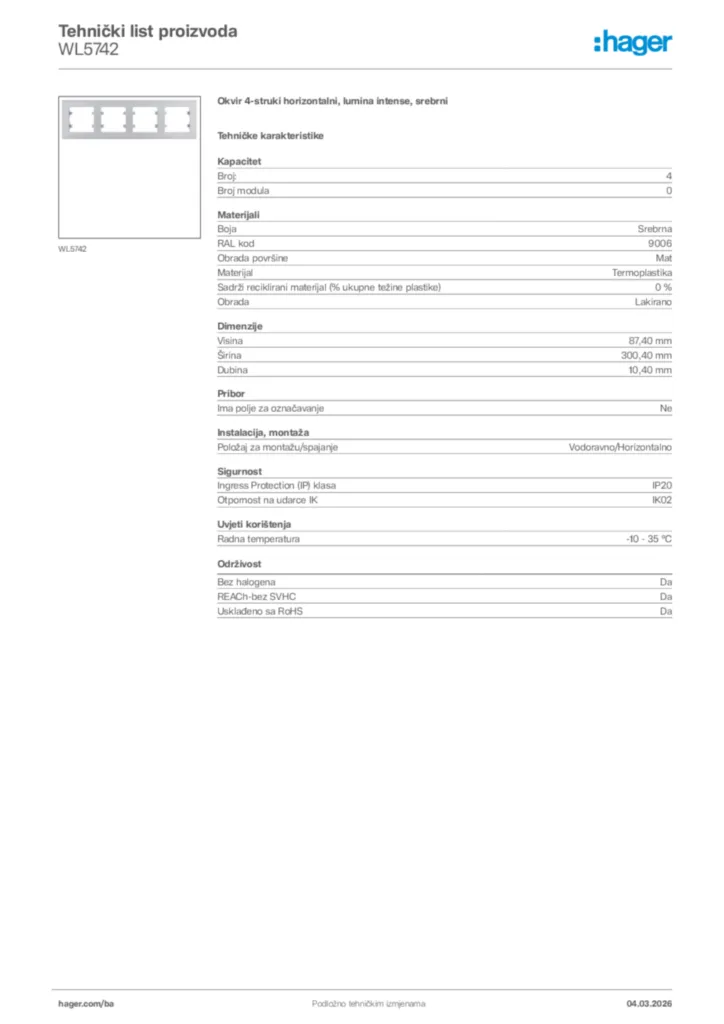 Slika Hager Tehnički list proizvoda WL5742  | Hager