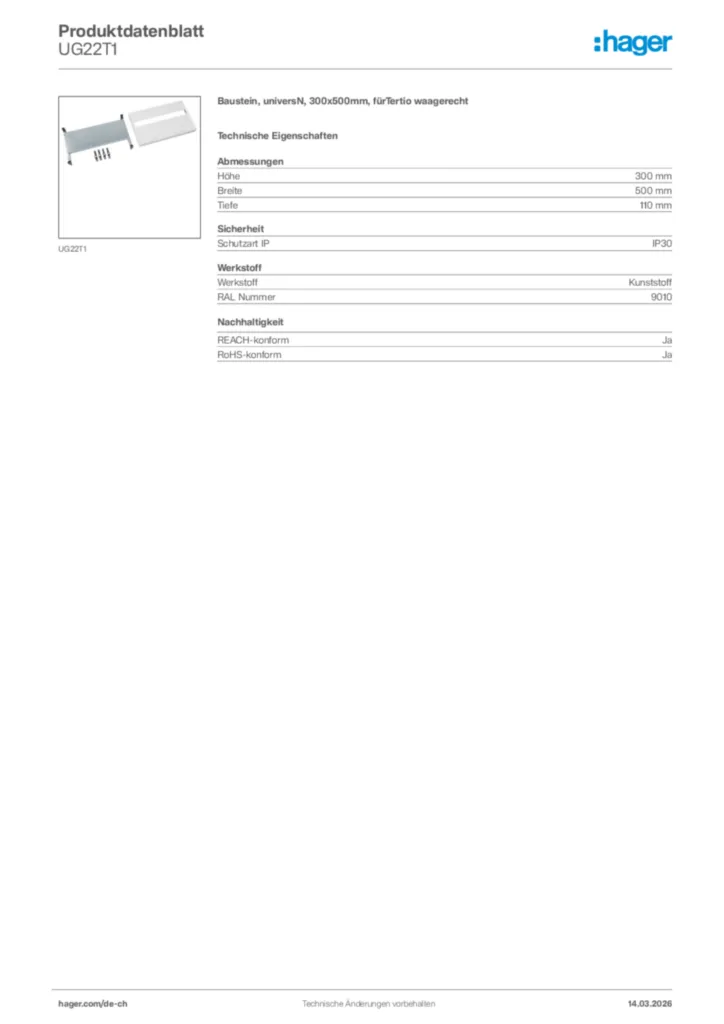 Bild Hager Produktdatenblatt UG22T1 | Hager Schweiz