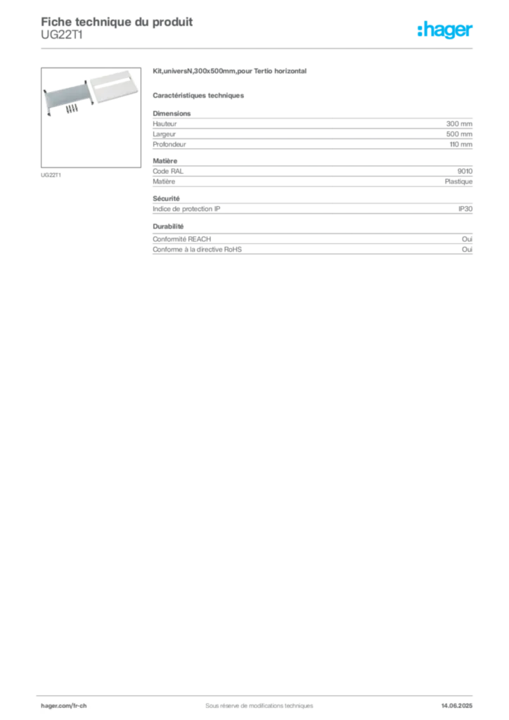 Image Hager Fiche technique du produit UG22T1 | Hager Suisse