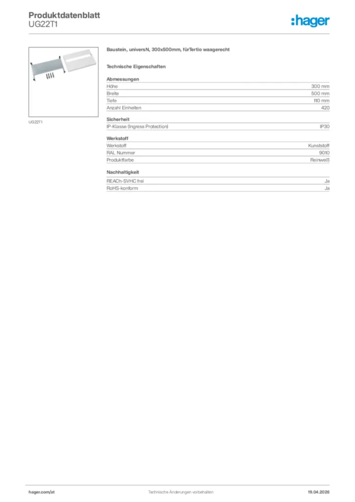 Bild Hager Produktdatenblatt UG22T1 | Hager Deutschland