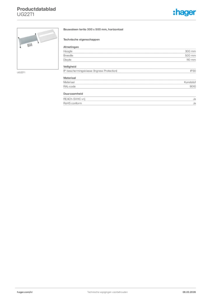 Afbeelding Hager Productdatablad UG22T1 | Hager Nederland