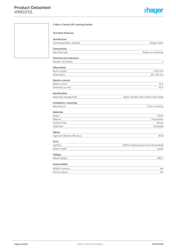 Image Hager Product data sheet WMGS13L  | Hager