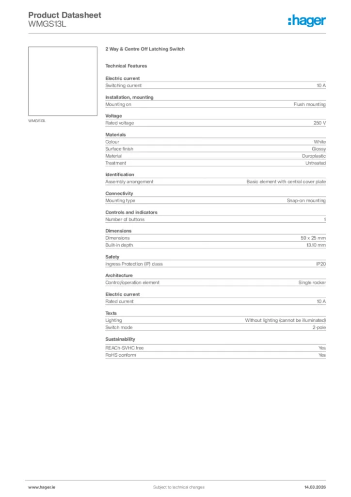 Image Hager Product data sheet WMGS13L  | Hager