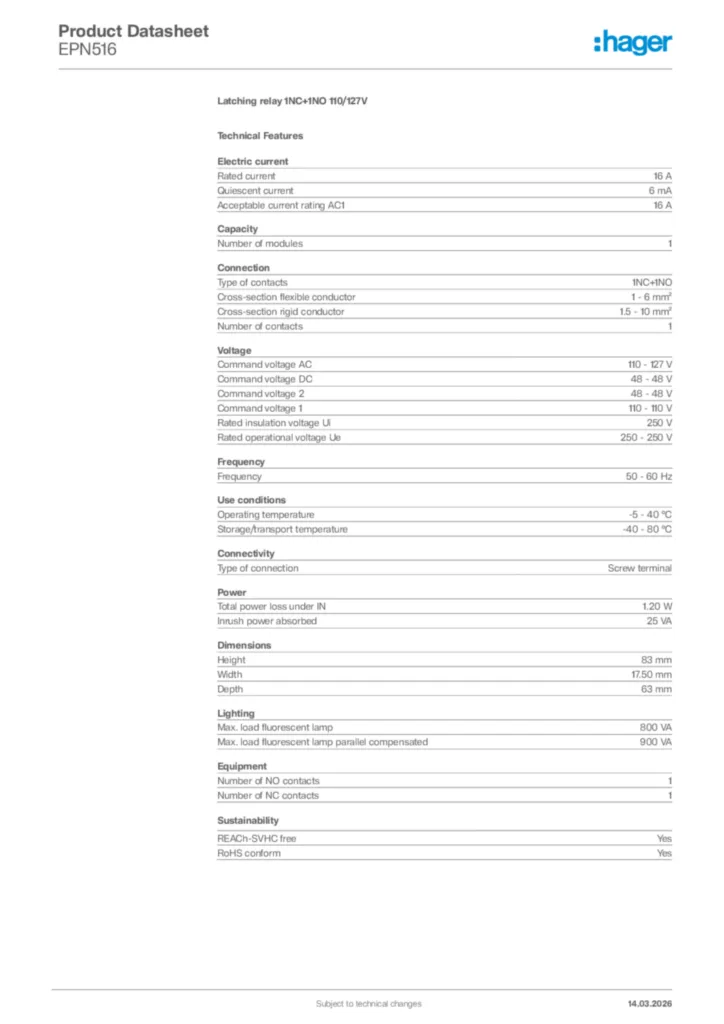 Image Hager Product data sheet EPN516  | Hager Africa