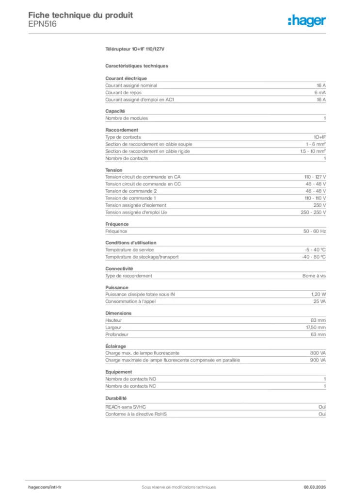 Image Hager Fiche technique du produit EPN516 | Hager Afrique