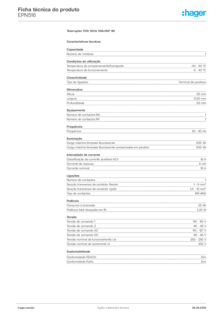 Imagem Hager Ficha técnica do produto EPN516 | Hager Portugal