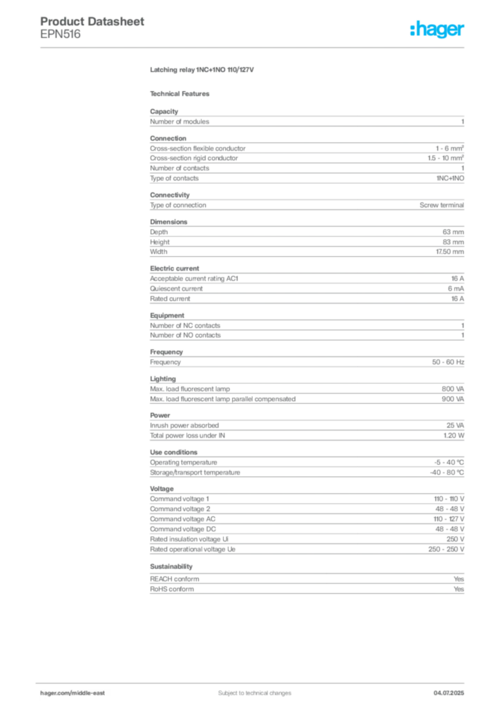 Image Hager Product data sheet EPN516  | Hager