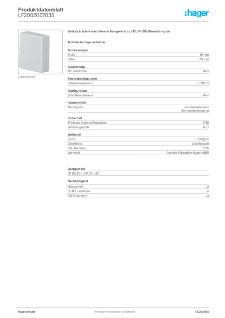 Bild Hager Produktdatenblatt LF2002067035 | Hager Deutschland