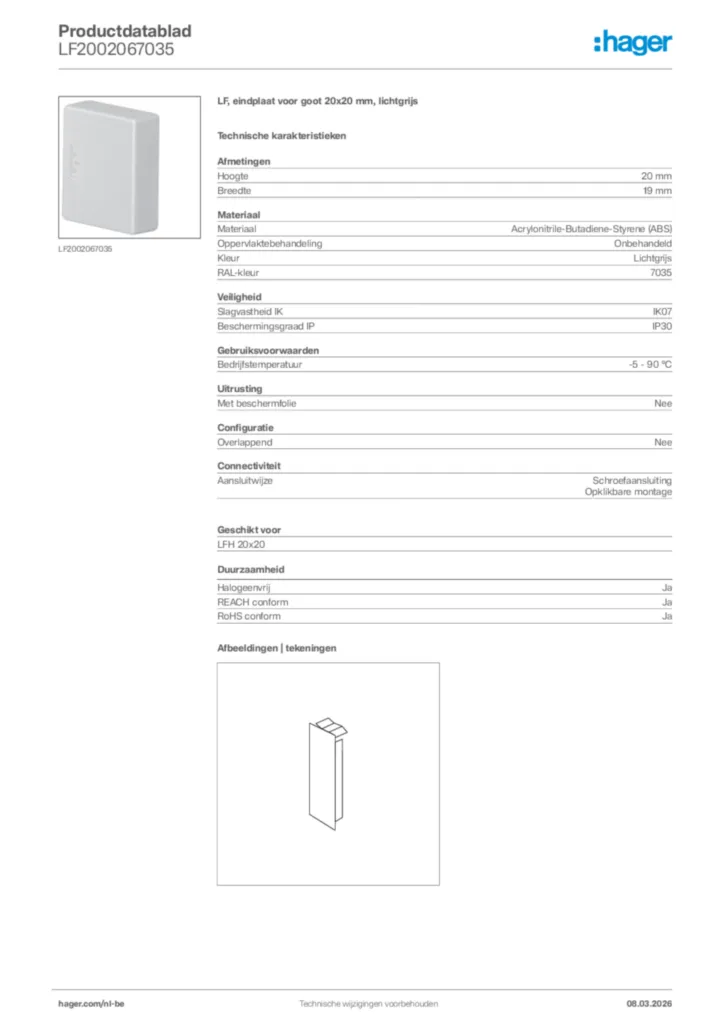 Afbeelding Hager Productdatablad LF2002067035 | Hager Belgium