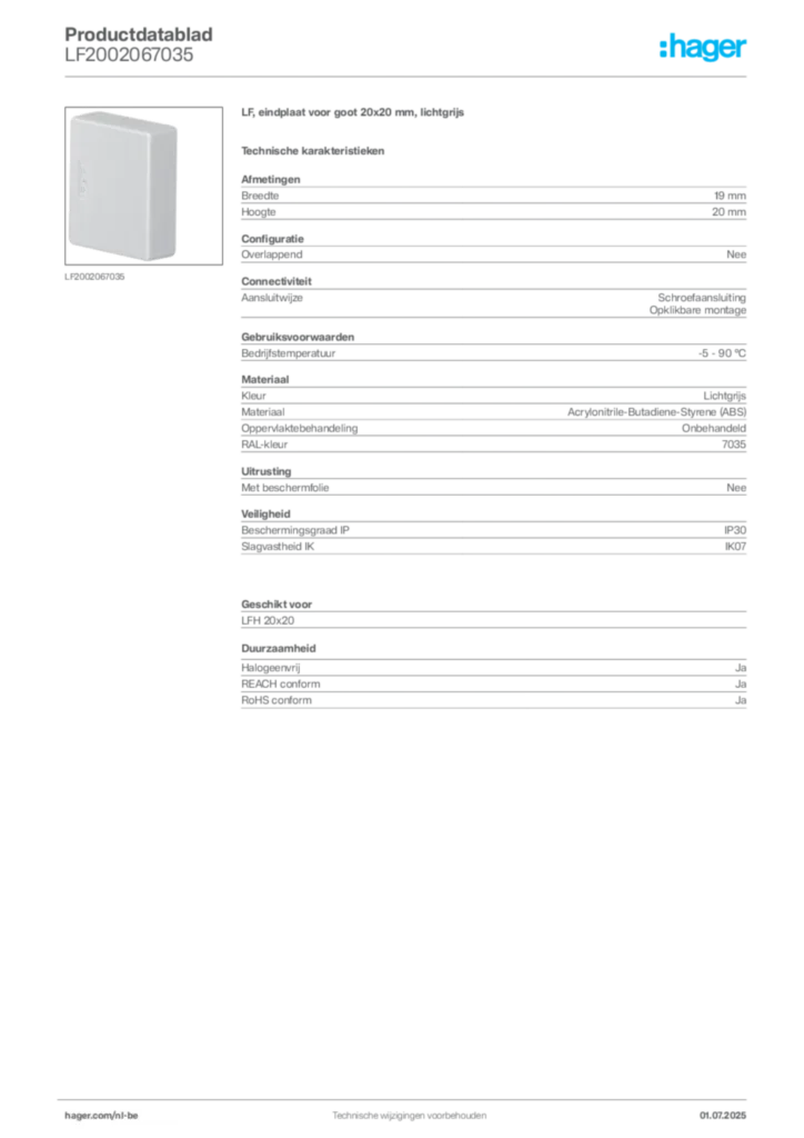 Afbeelding Hager Productdatablad LF2002067035 | Hager Belgium