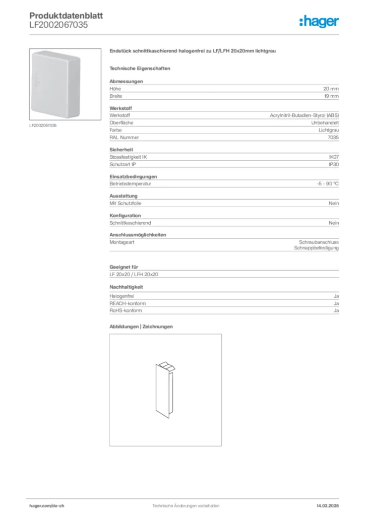 Bild Hager Produktdatenblatt LF2002067035 | Hager Schweiz