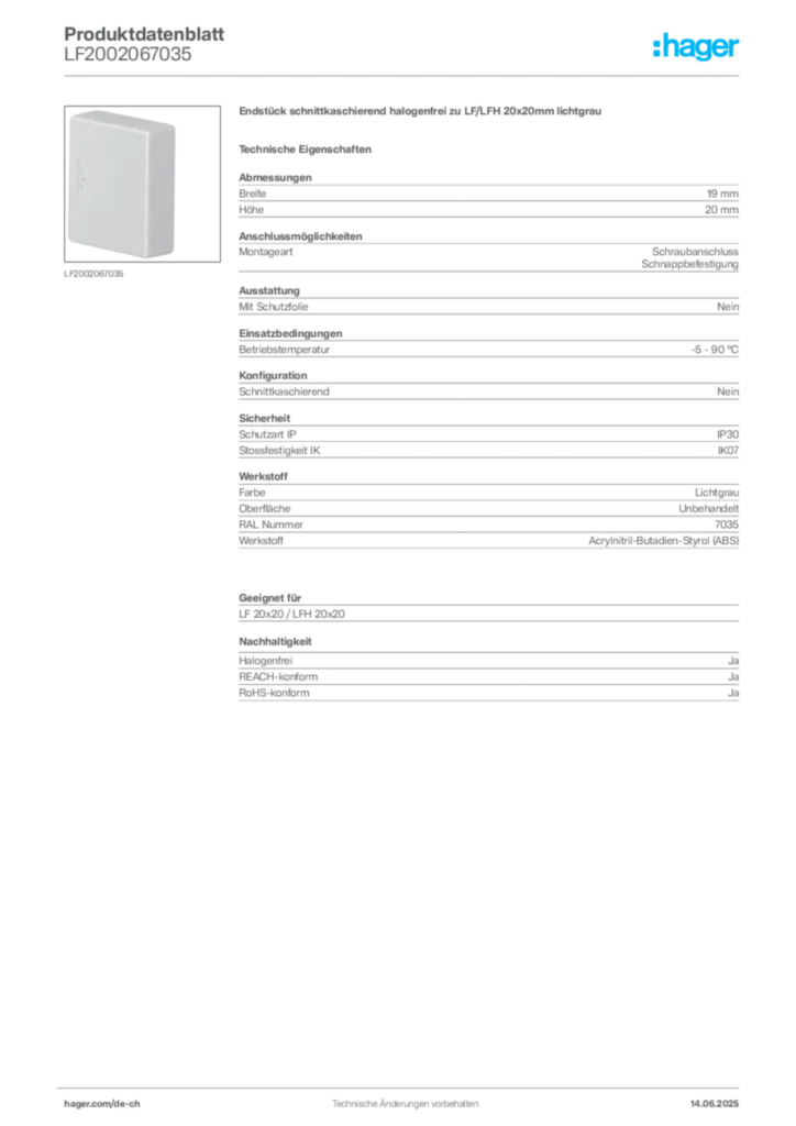 Bild Hager Produktdatenblatt LF2002067035 | Hager Schweiz