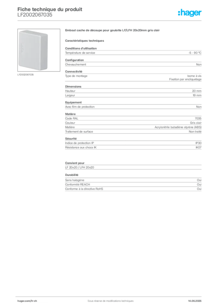 Image Hager Fiche technique du produit LF2002067035 | Hager Suisse