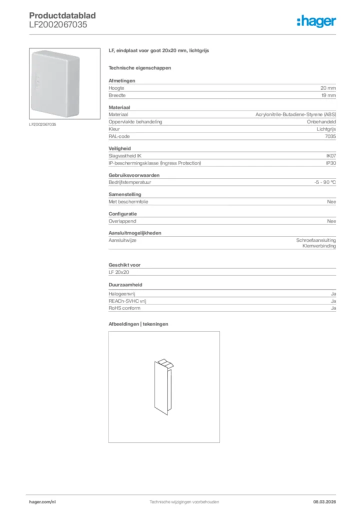 Afbeelding Hager Productdatablad LF2002067035 | Hager Nederland