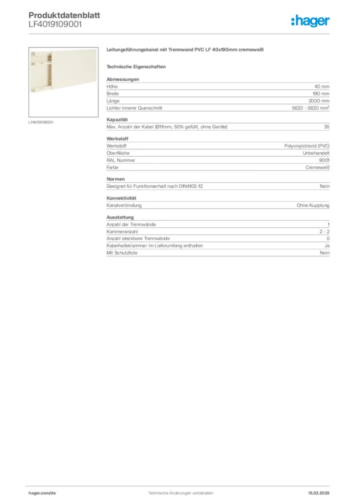 Bild Hager Produktdatenblatt LF4019109001 | Hager Deutschland
