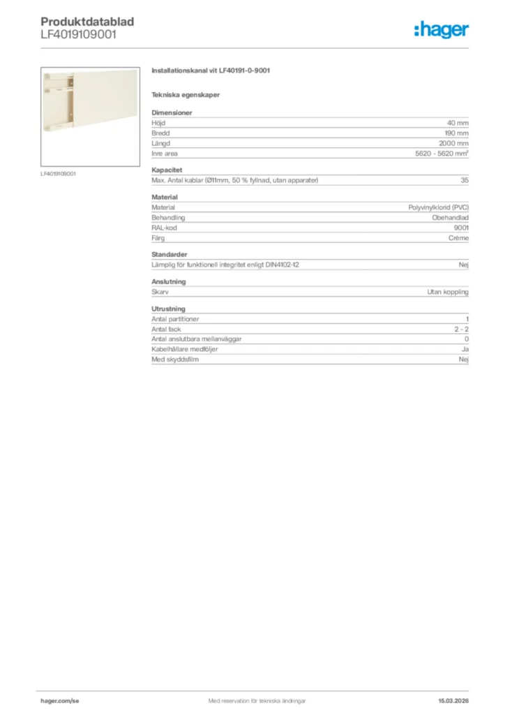 Bild Hager Produktdatablad LF4019109001 | Hager Sverige