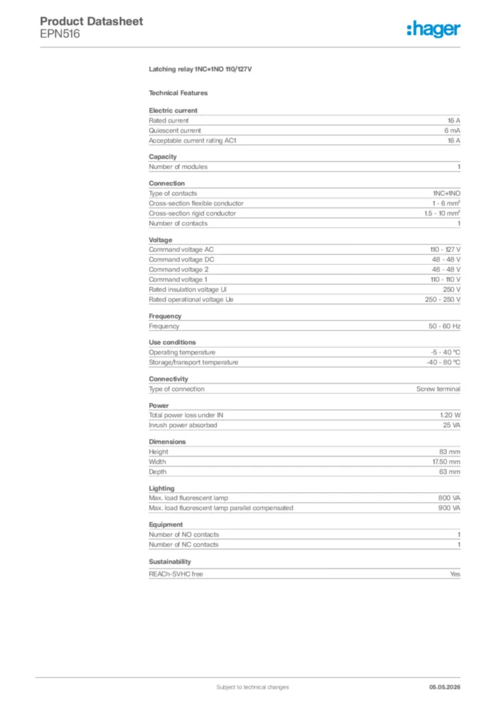 Image Hager Product data sheet EPN516  | Hager Africa