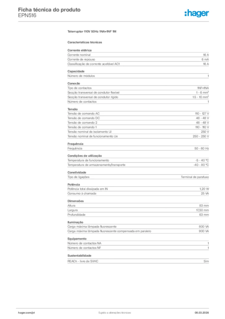 Imagem Hager Ficha técnica do produto EPN516 | Hager Portugal