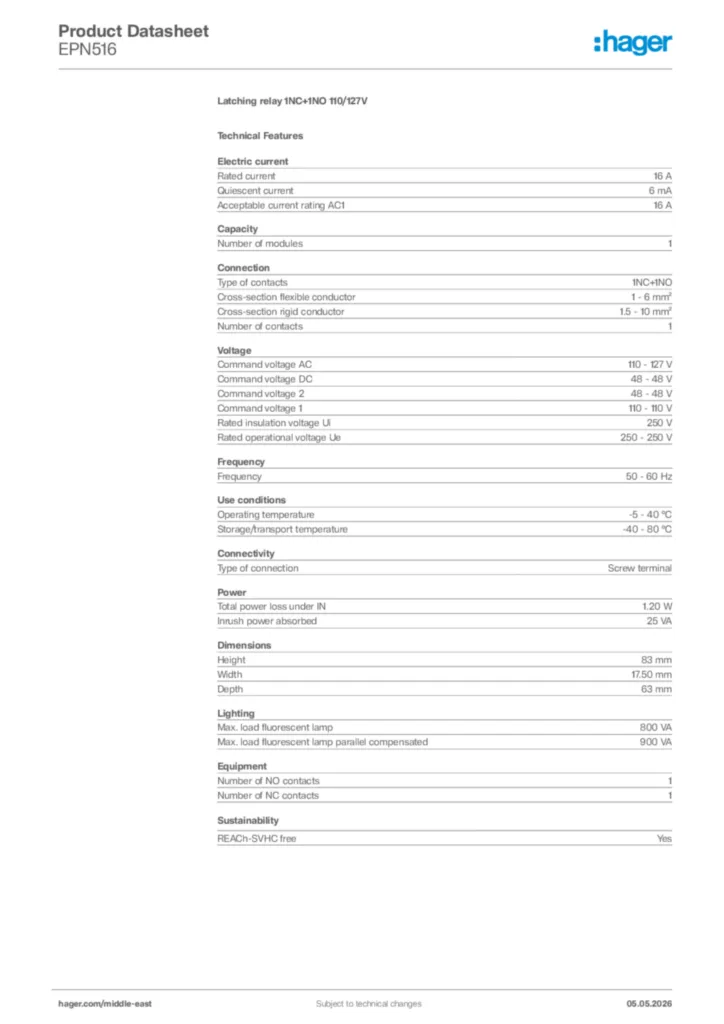 Image Hager Product data sheet EPN516  | Hager