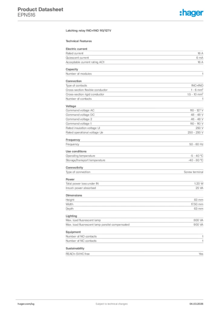 Image Hager Product data sheet EPN516  | Hager
