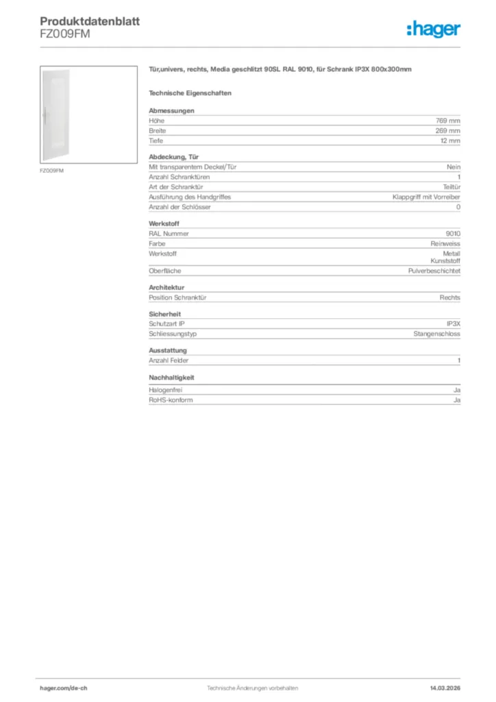 Bild Hager Produktdatenblatt FZ009FM | Hager Schweiz