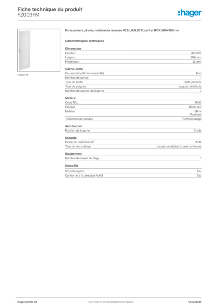 Image Hager Fiche technique du produit FZ009FM | Hager Suisse
