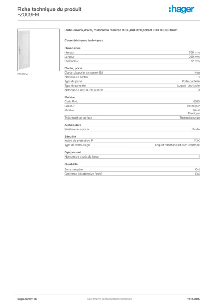 Image Hager Fiche technique du produit FZ009FM | Hager Suisse