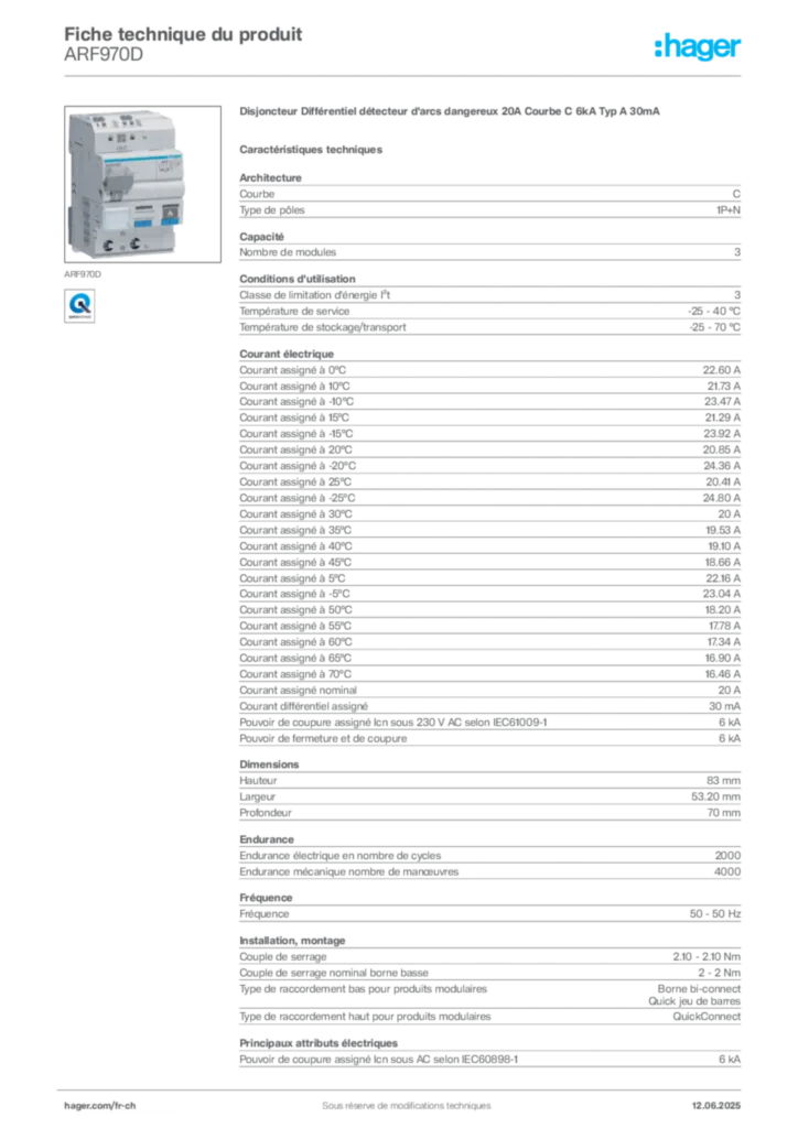 Image Hager Fiche technique du produit ARF970D | Hager Suisse