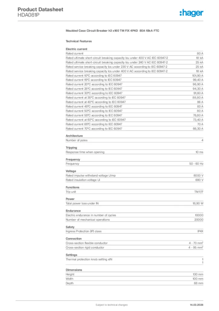 Image Hager Product data sheet HDA081P  | Hager