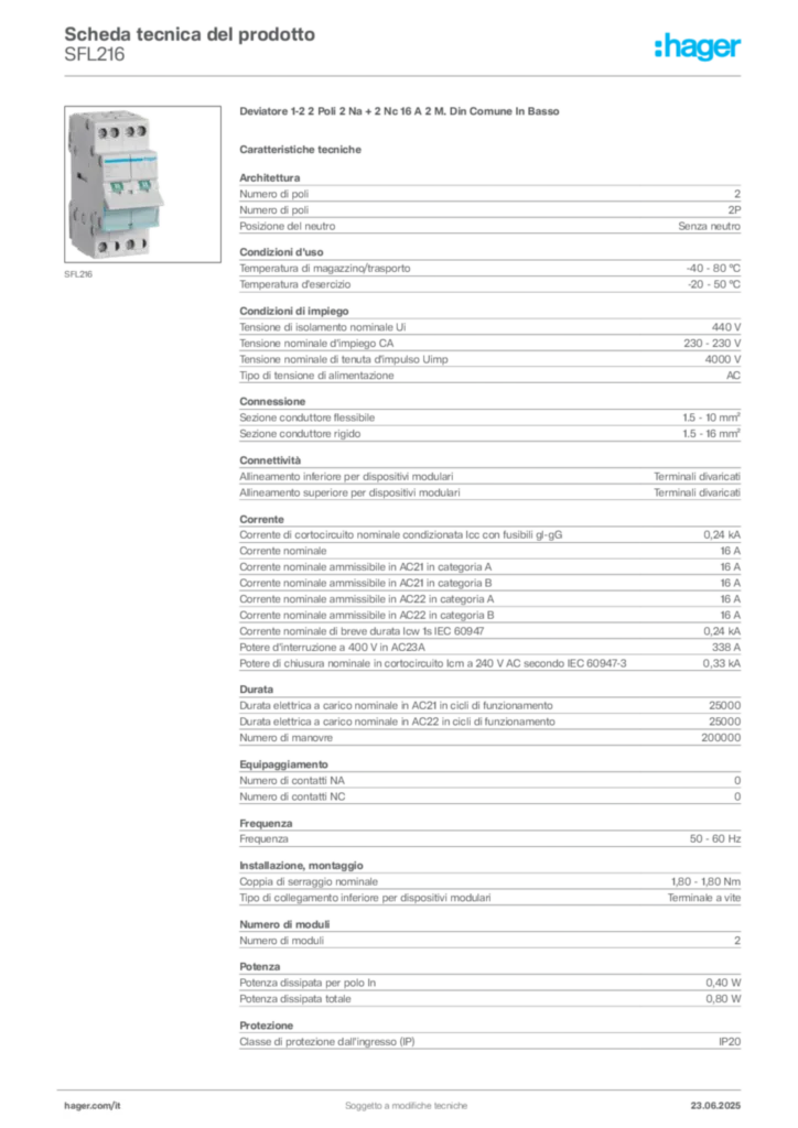 Immagine Hager Scheda tecnica del prodotto SFL216 | Hager Italia