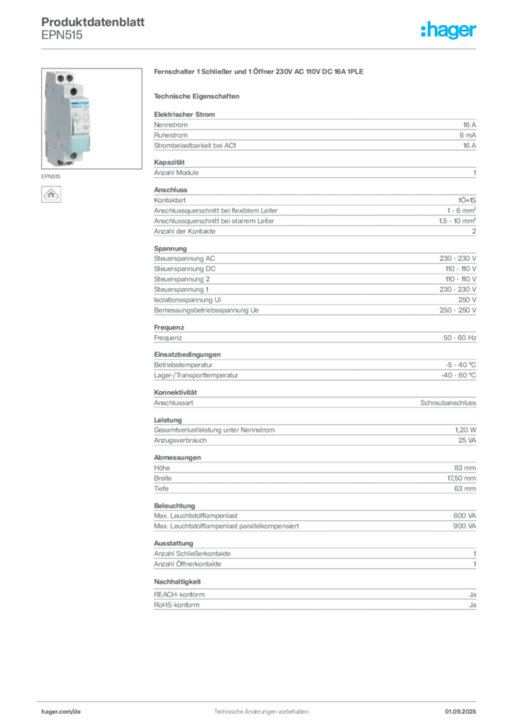 Bild Hager Produktdatenblatt EPN515 | Hager Deutschland
