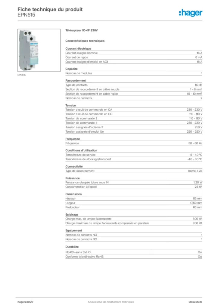Image Hager Fiche technique du produit EPN515 | Hager France