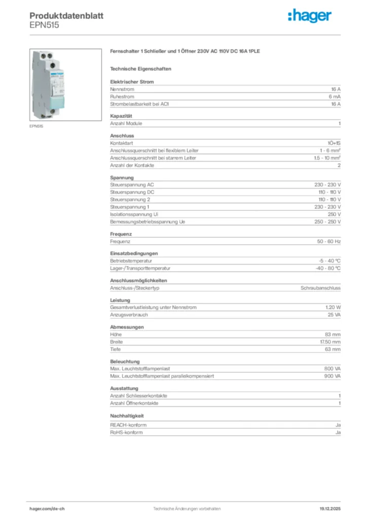 Bild Hager Produktdatenblatt EPN515 | Hager Schweiz
