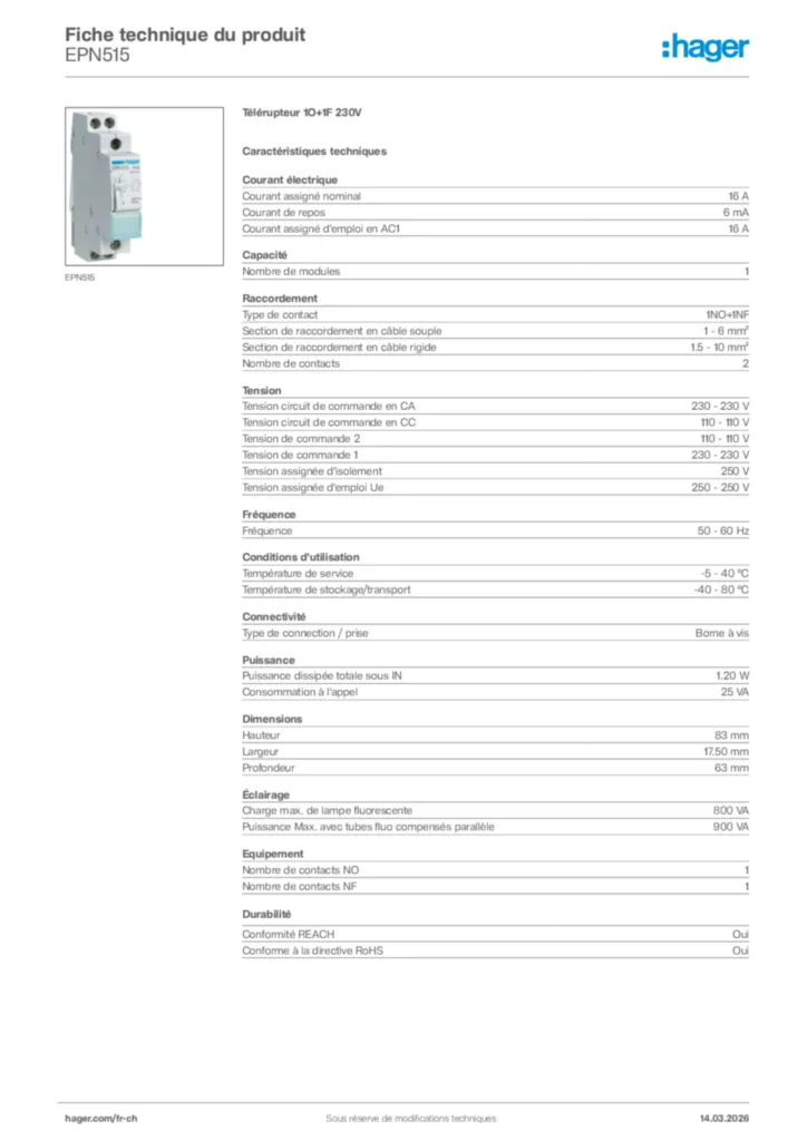 Image Hager Fiche technique du produit EPN515 | Hager Suisse