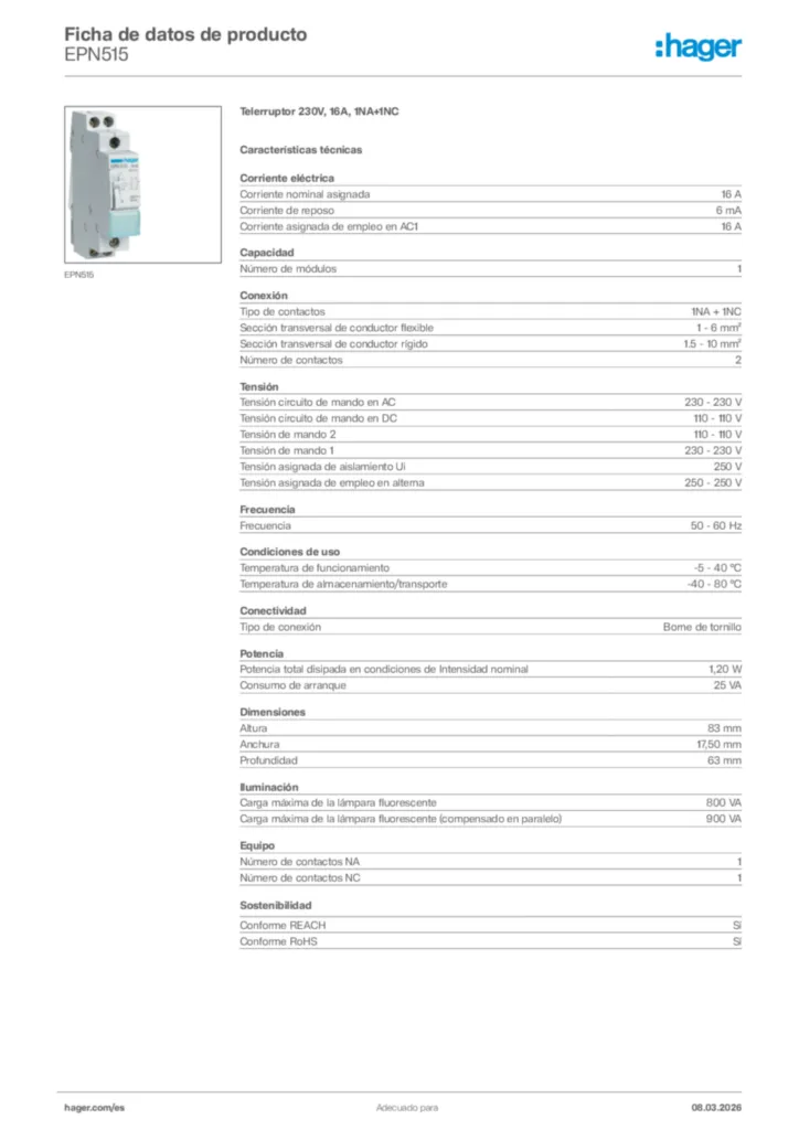 Imagen Hager Ficha de datos de producto EPN515 | Hager España