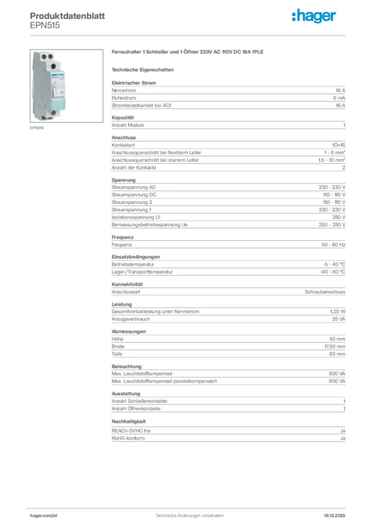 Bild Hager Produktdatenblatt EPN515 | Hager Deutschland