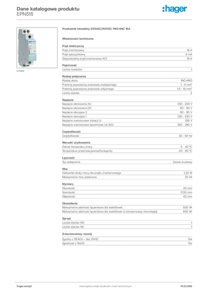 Zdjęcie Hager Karta katalogowa EPN515 | Hager Polska