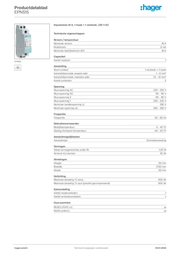 Afbeelding Hager Productdatablad EPN515 | Hager Nederland