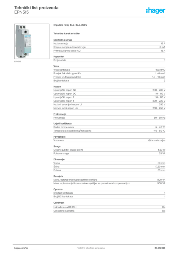Slika Hager Product data sheet EPN515  | Hager