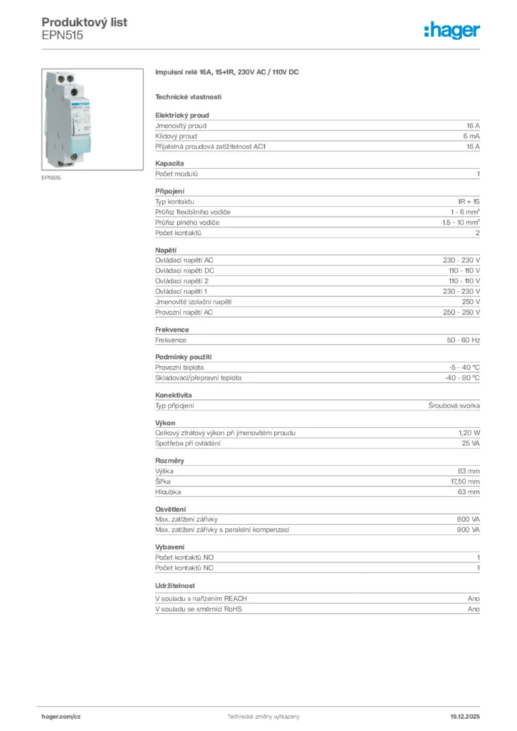 Obrázek Hager Produktový list EPN515 | Hager