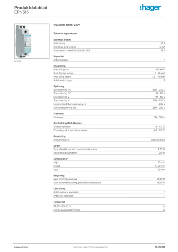 Bild Hager Produktdatablad EPN515 | Hager Sverige