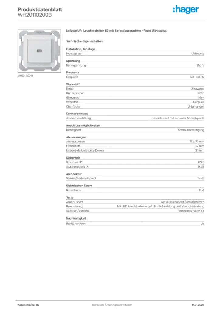 Bild Hager Produktdatenblatt WH20110200B | Hager Schweiz
