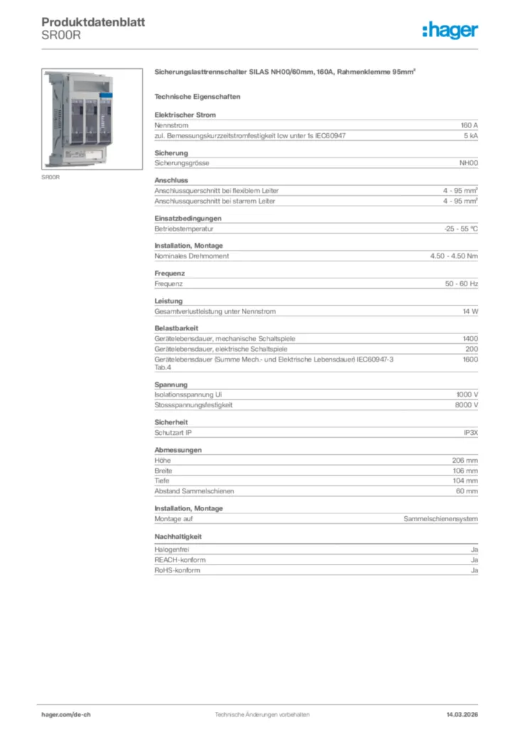 Bild Hager Produktdatenblatt SR00R | Hager Schweiz