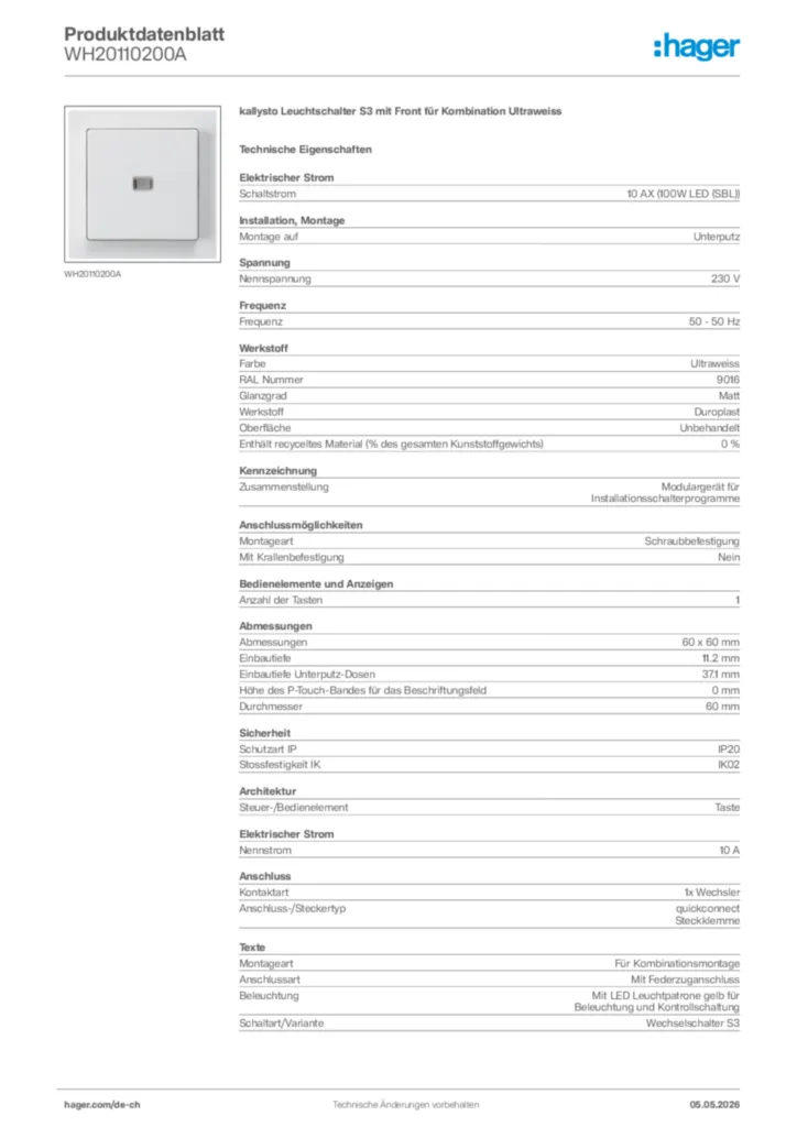 Bild Hager Produktdatenblatt WH20110200A | Hager Schweiz