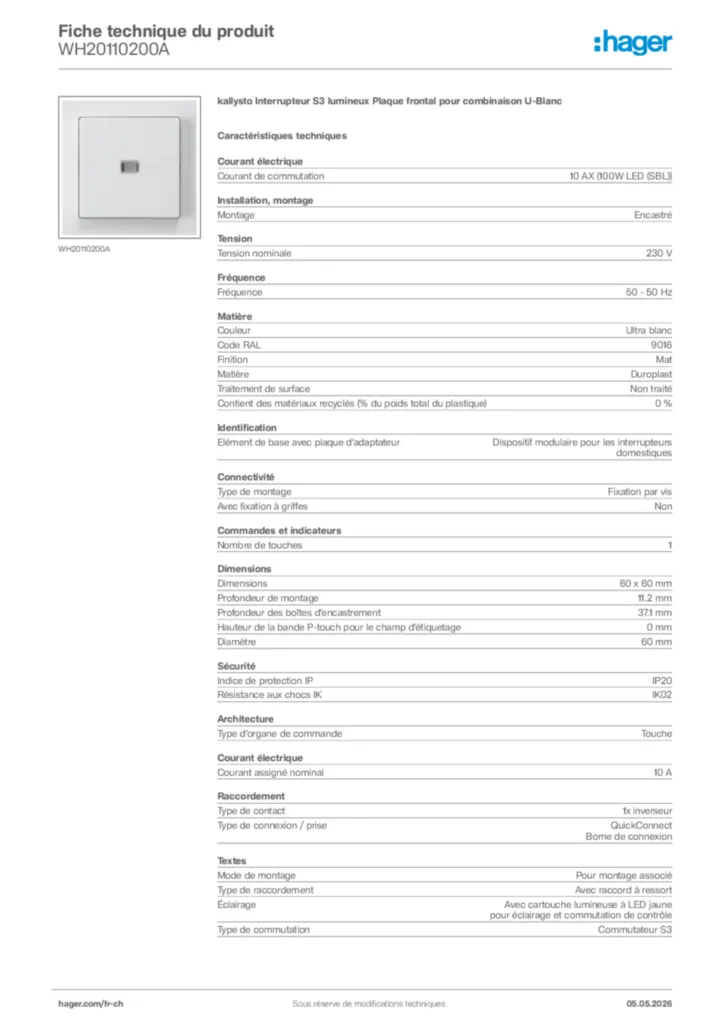 Image Hager Fiche technique du produit WH20110200A | Hager Suisse