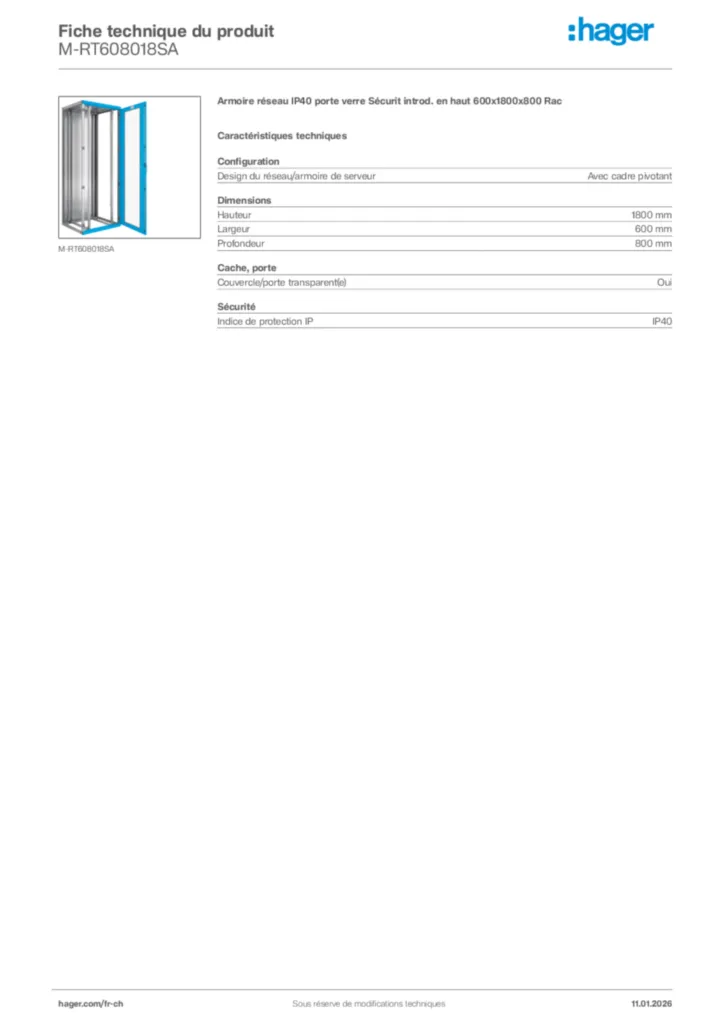 Image Hager Fiche technique du produit M-RT608018SA | Hager Suisse